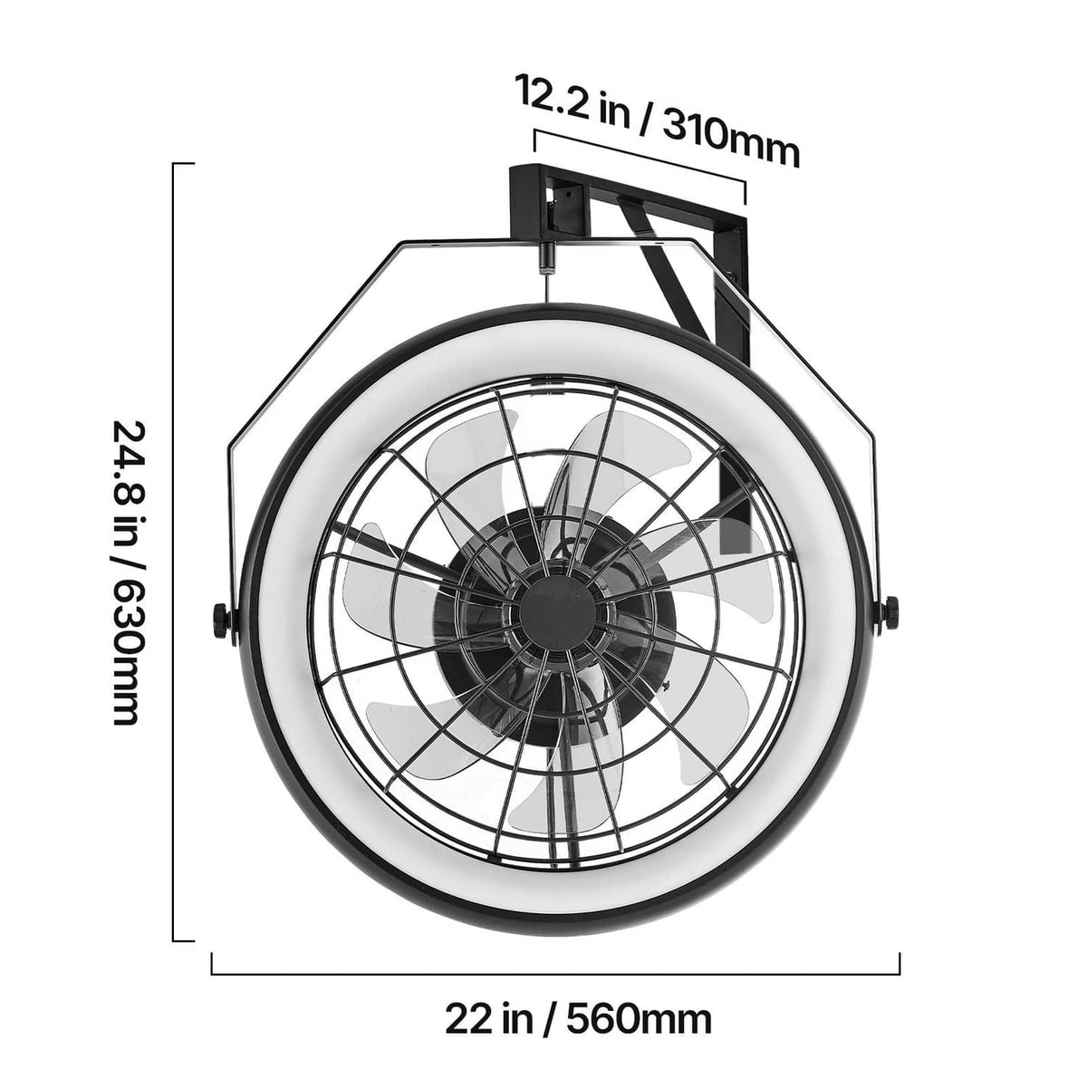 Wall-mount fan with light, top mounting bracket and 22 in diameter housing diagram