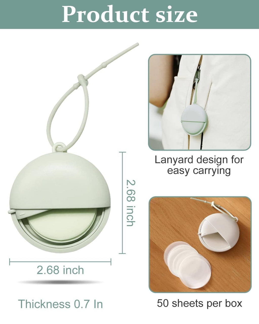 Mint green portable soap sheet case with lanyard; product size diagram