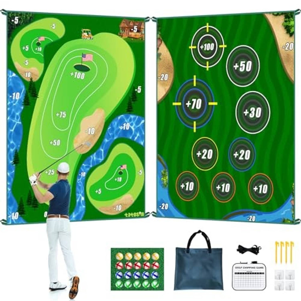 Double-sided chipping game mat showing scoring circles on dark green backboard