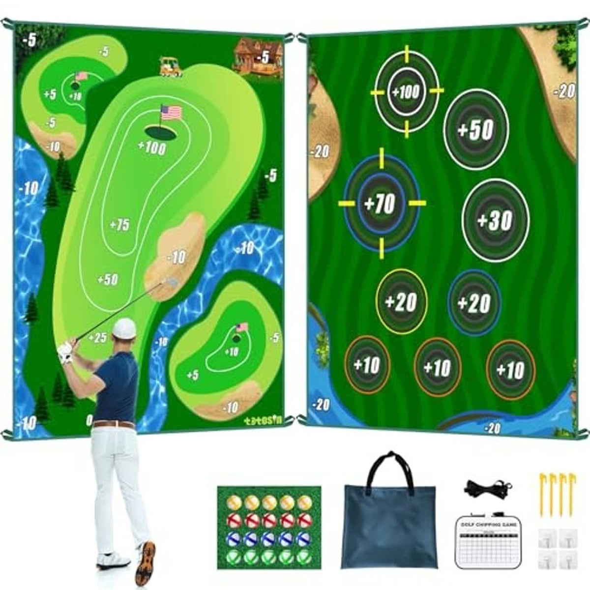 Double-sided chipping game mat showing scoring circles on dark green backboard