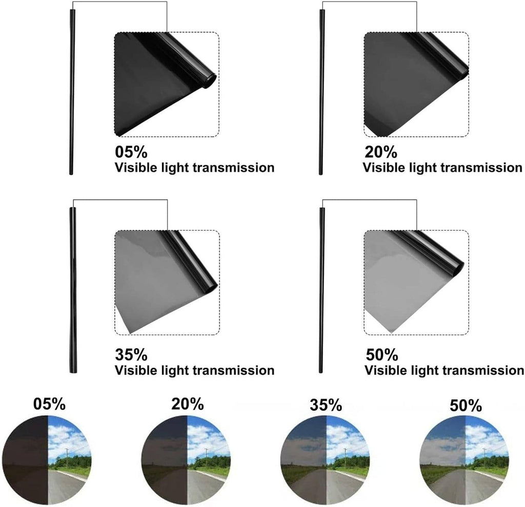 Window tint film light transmission samples showing 5%, 20%, 35%, and 50% levels.