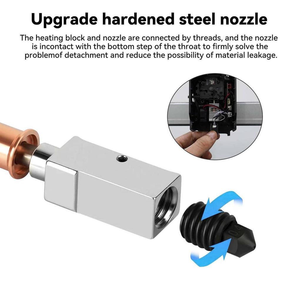 Hardened steel nozzle hotend with copper heater block and thermistor wiring close-up
