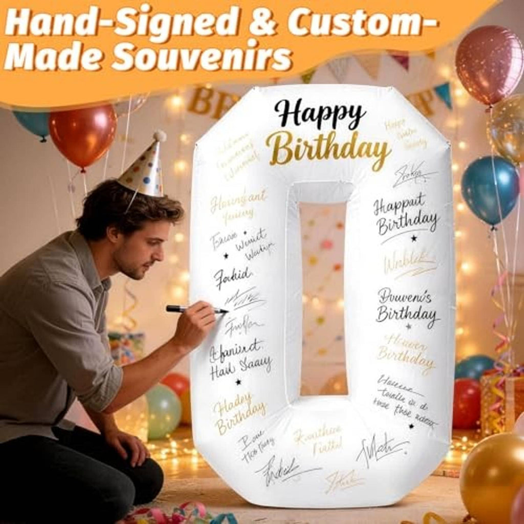 White inflatable number 0 decoration with printed Happy Birthday message