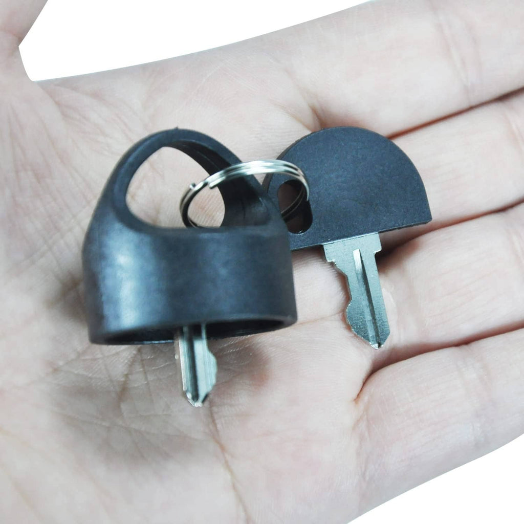 Ignition starter on/off switch with two keys in hand, blue switch housing