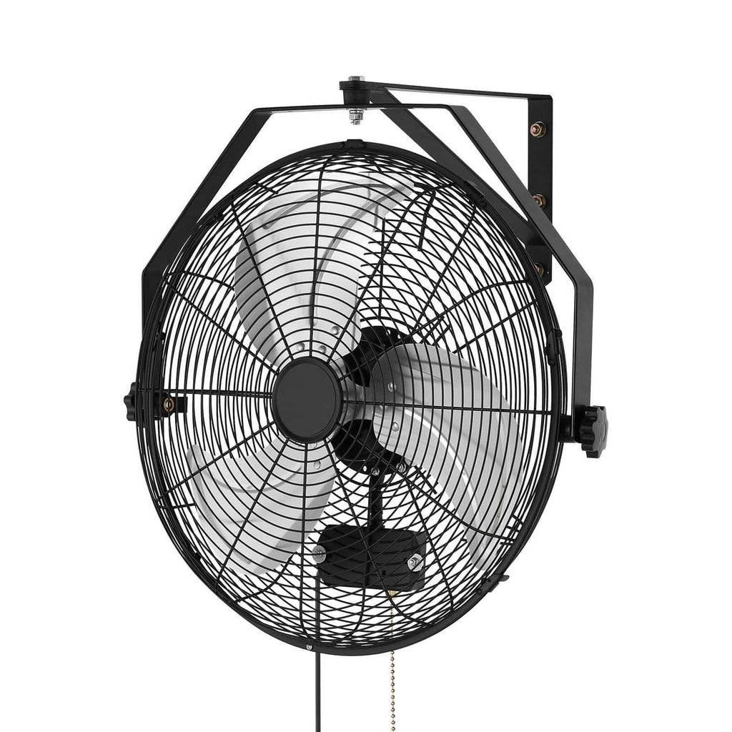 Angled wall fan with black wire grille, central hub, and bracket-style mounting arms