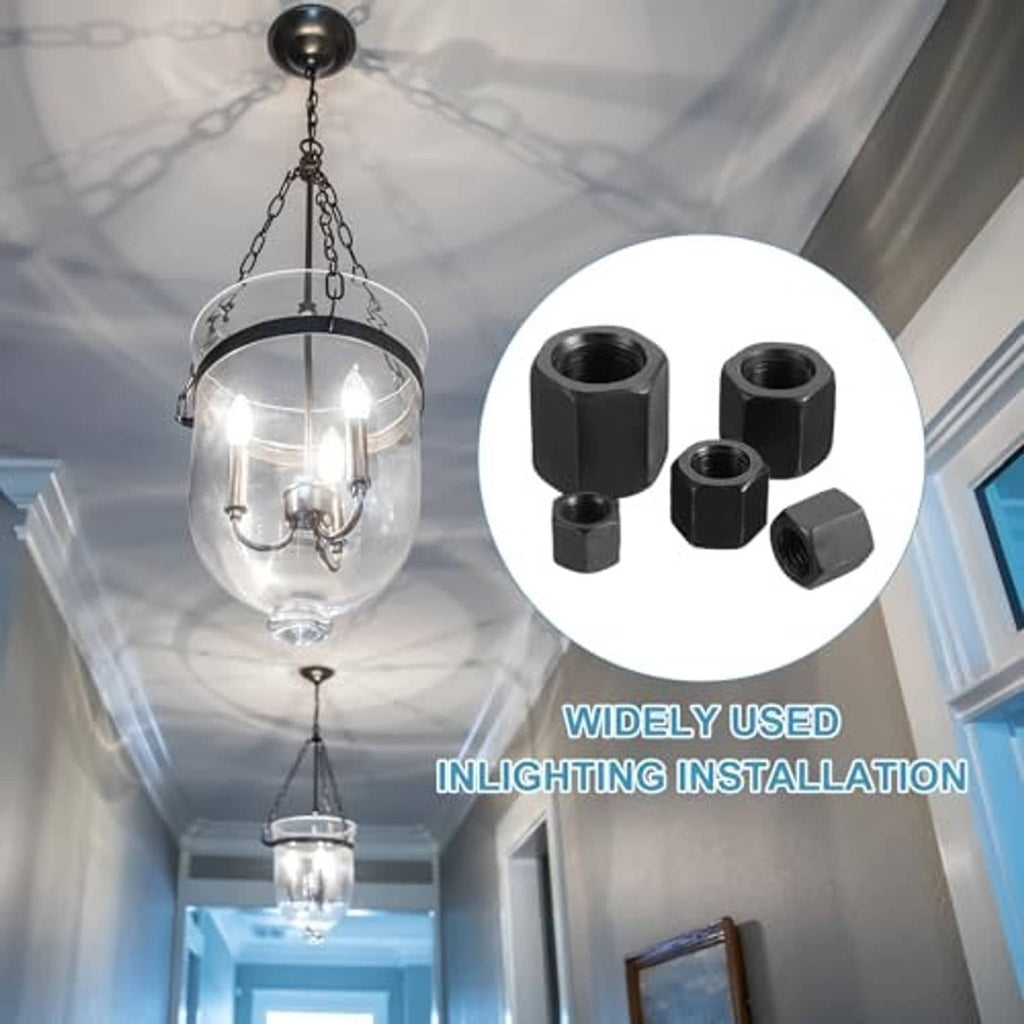 Four black hex coupling nuts with internal threaded bores