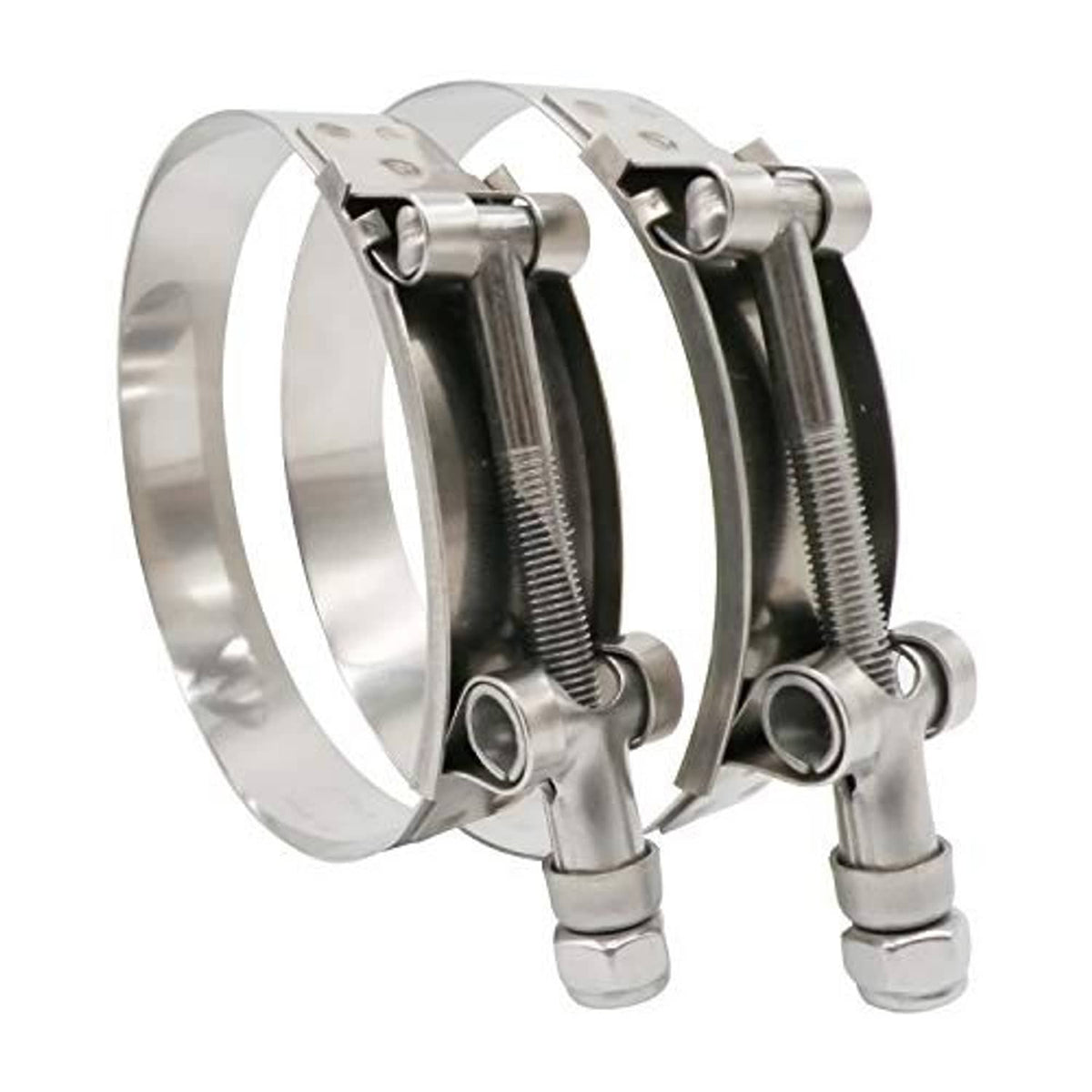 Pair of stainless T-bolt hose clamps with black band insert and galvanized-style bolts