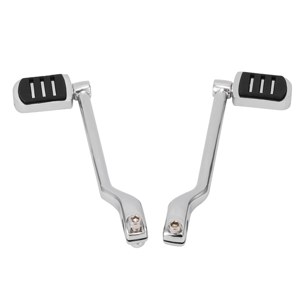 Motorcycle heel-toe shift lever with matching black rubber pedals on curved silver supports
