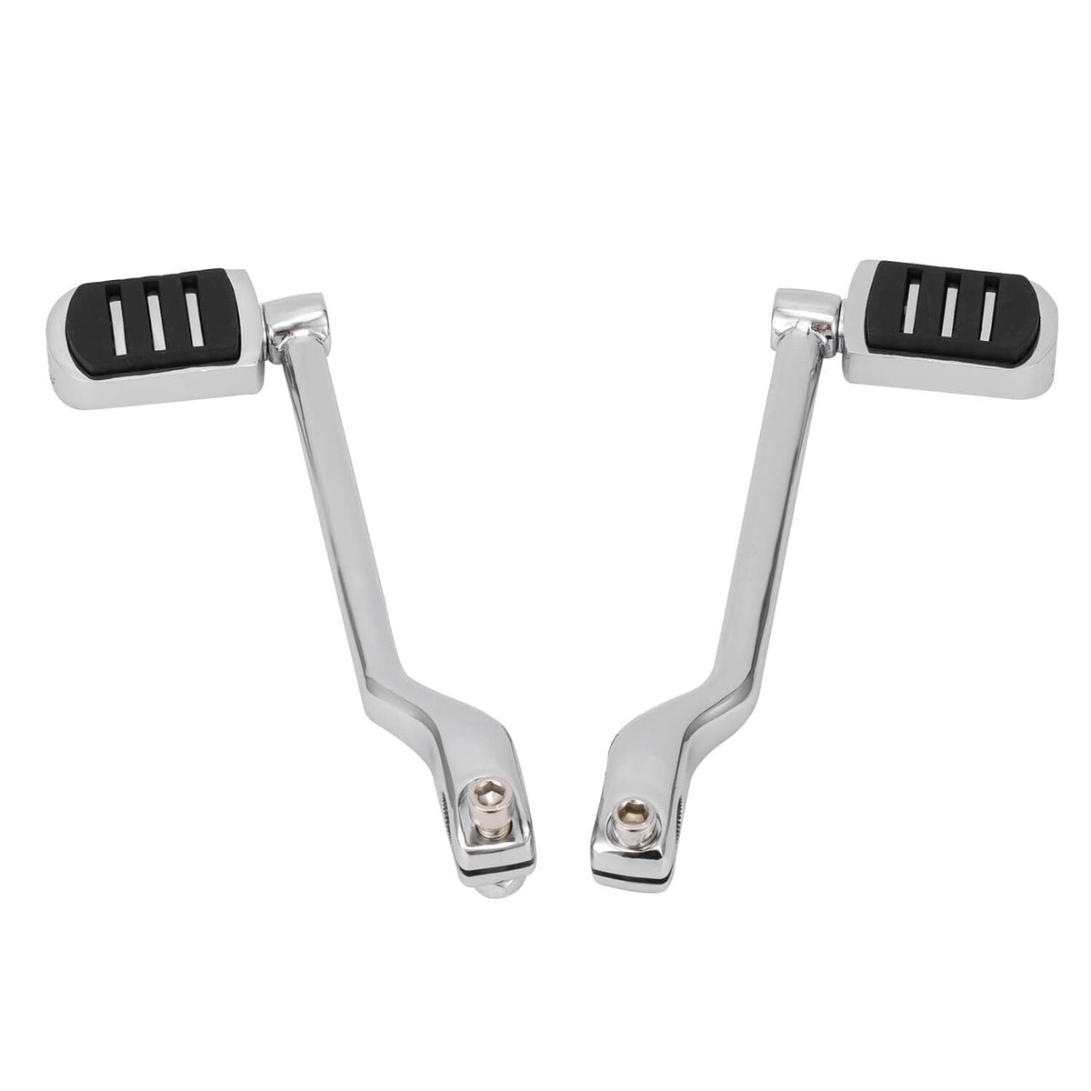 Motorcycle heel-toe shift lever with matching black rubber pedals on curved silver supports