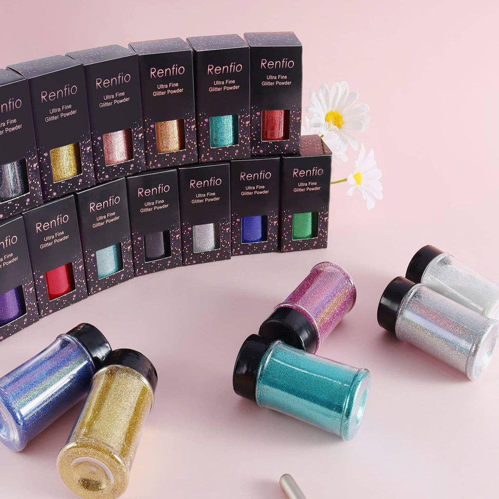 Assorted holographic ultra fine glitter powder bottles with product boxes