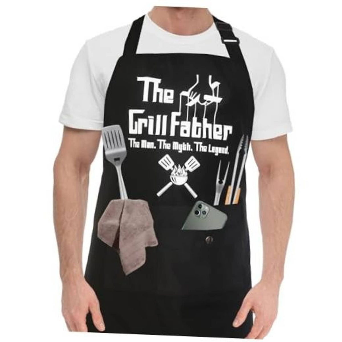 Black cooking apron with bib front and grilling-themed graphic, adjustable neck strap