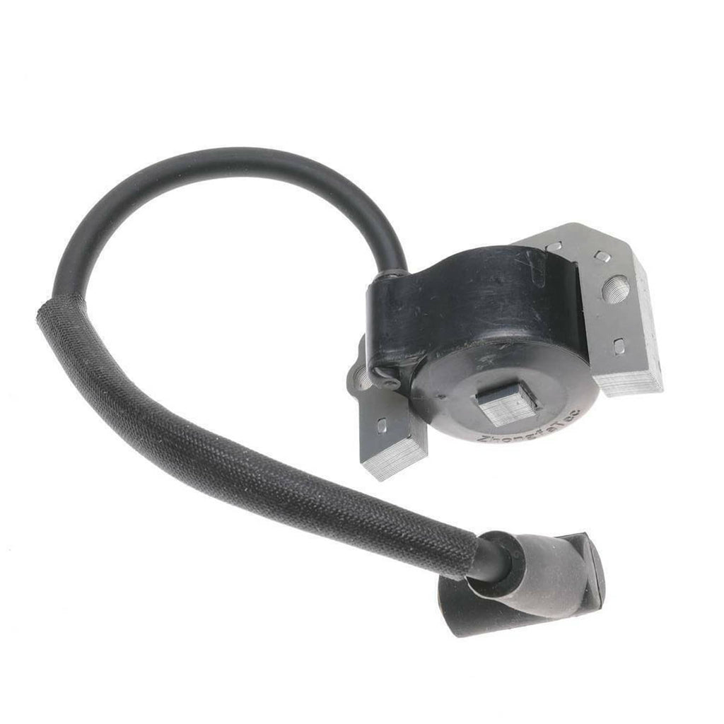 2-pack ignition coil module with black housing, gray mounting ears, and curved wire lead