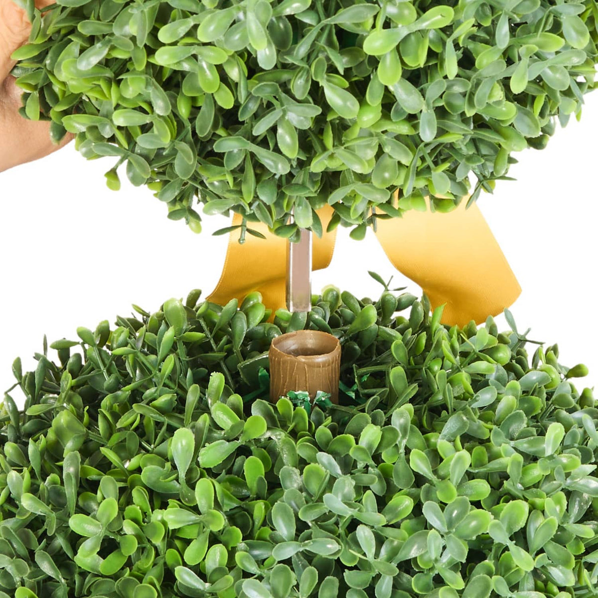 Artificial bunny-shaped boxwood ball with thick green leaves on brown base and stand