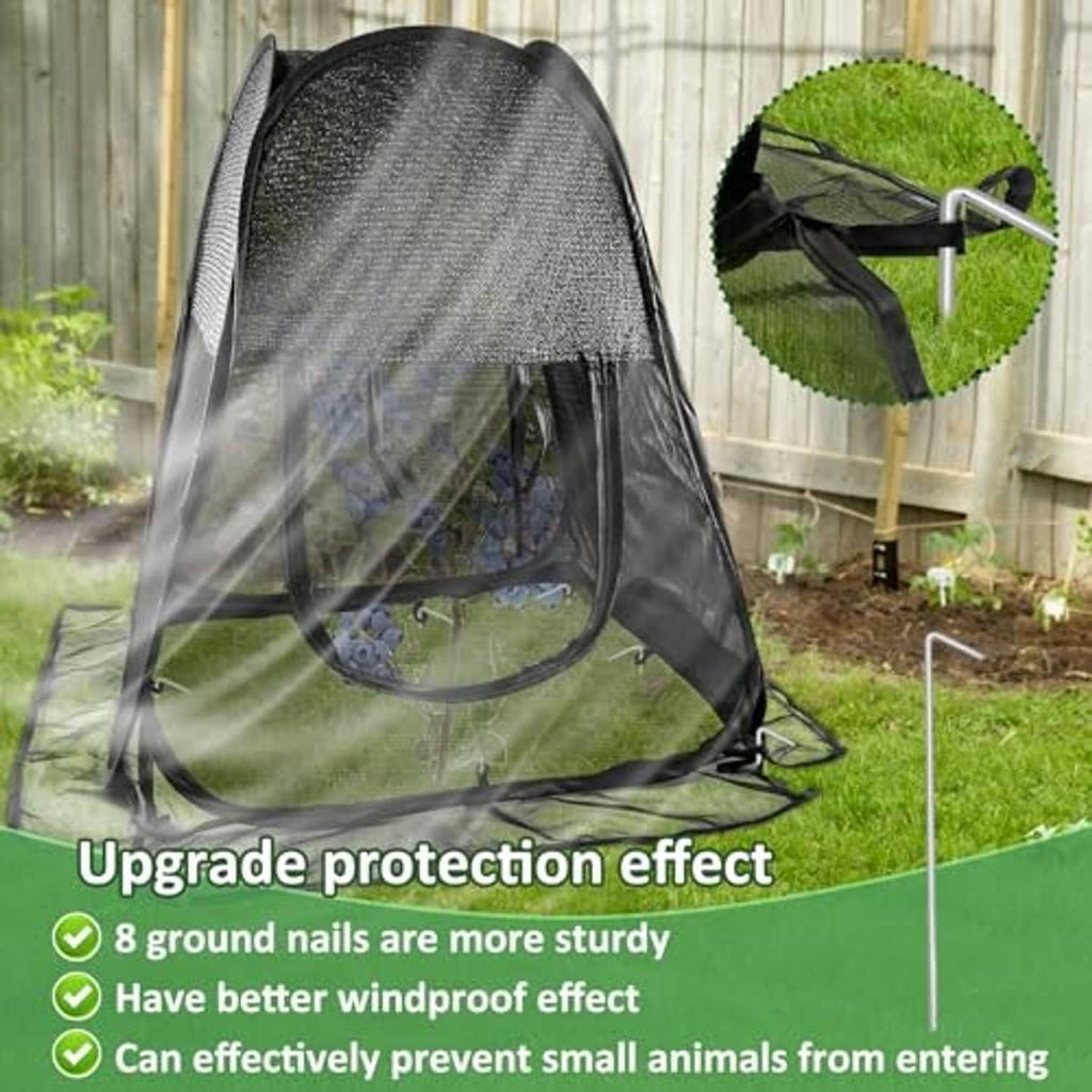 Black pop-up mesh plant shade tent with ground stakes and zip-front panel, round cover