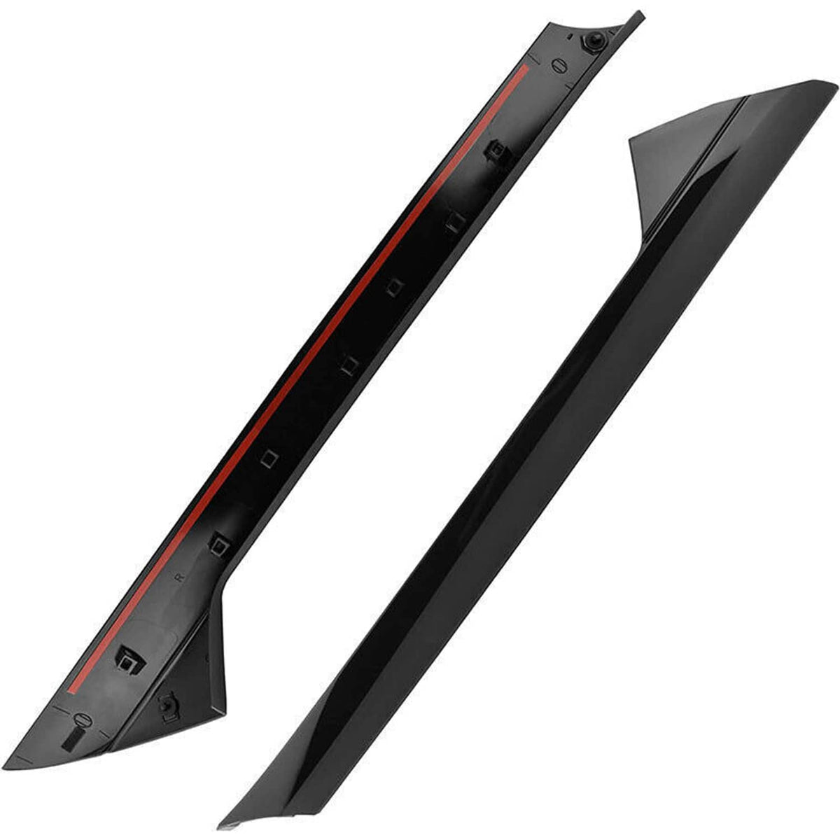 Black RH and LH windshield pillar trim moldings with red accent line