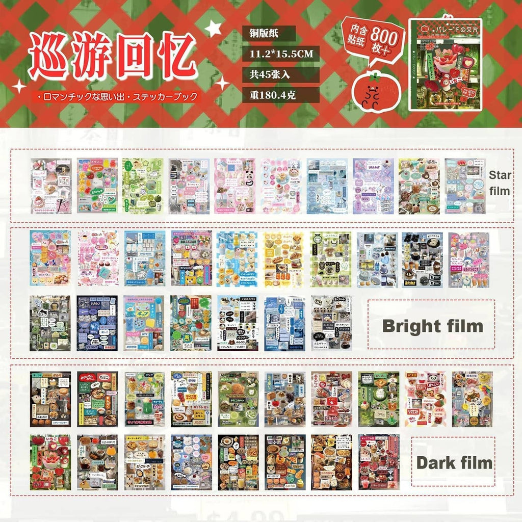 Sticker book layout showing many small sticker sheet thumbnails in light and dark styles