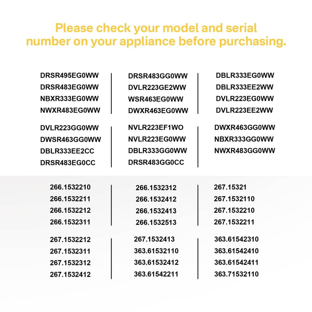 Printed model compatibility and part number list on a white background