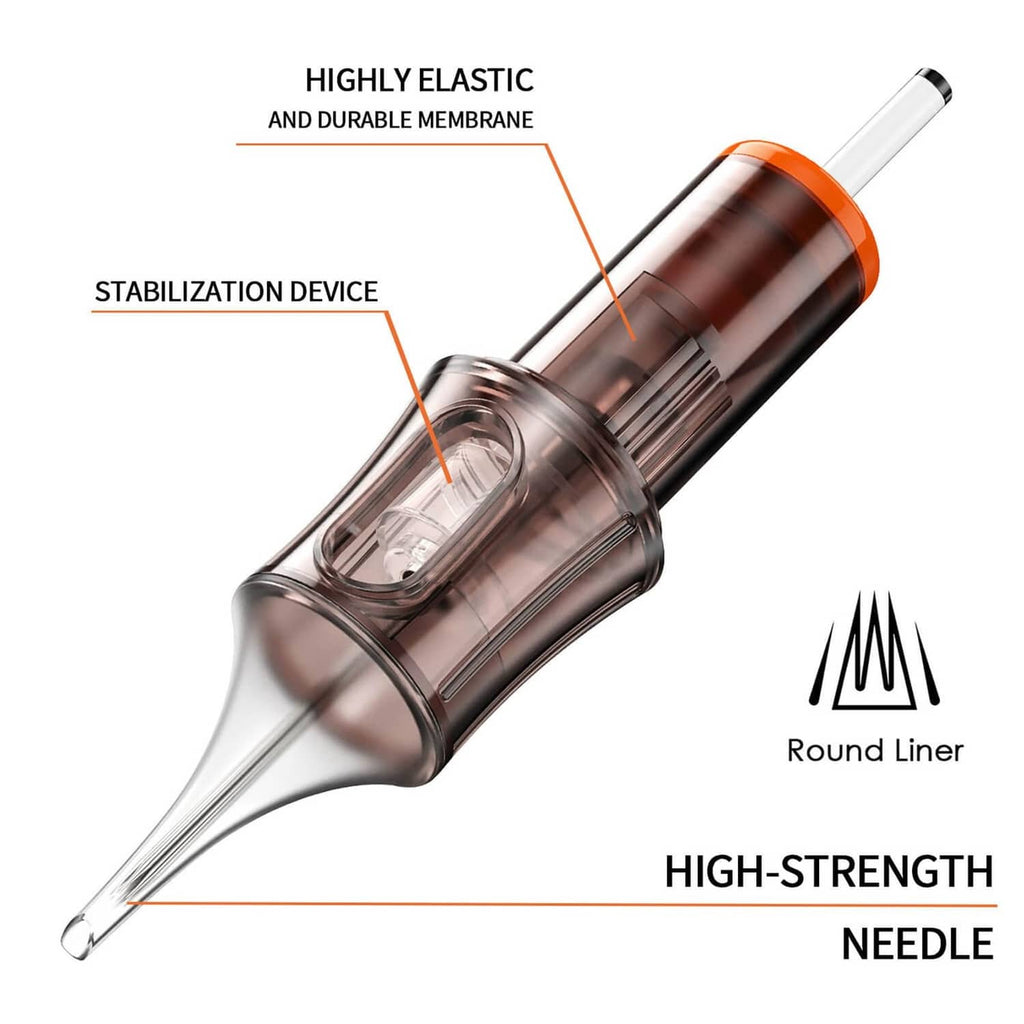 Black tattoo cartridge with clear chamber, orange collar, stabilization device, and needle