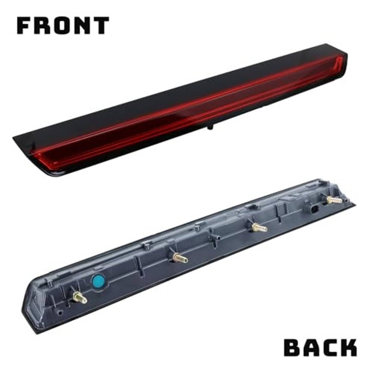 LED center high mount stop light bar with red lens; front and back housing shown