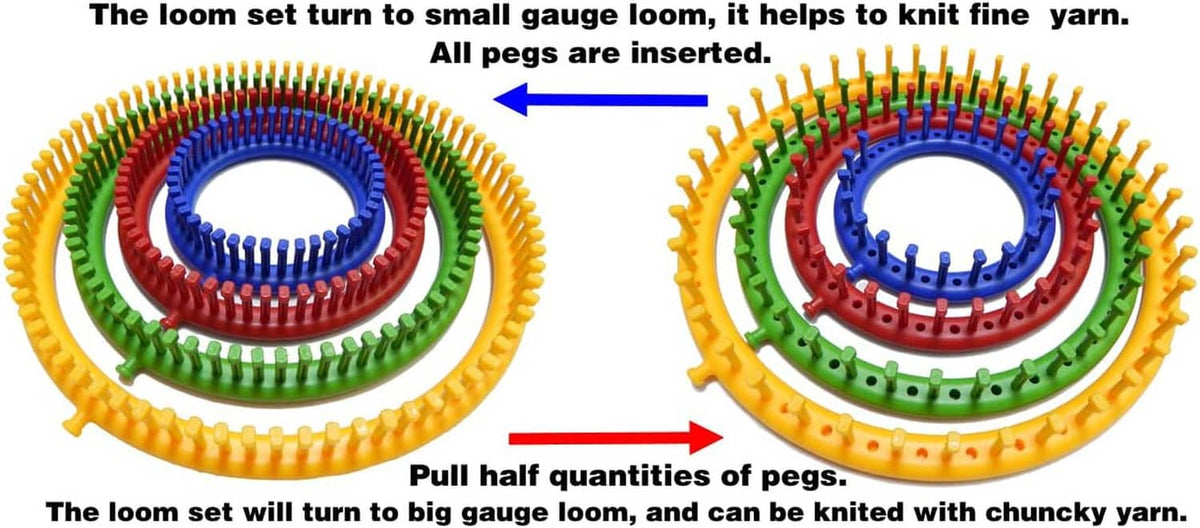Round knitting loom set with circular looms and peg rings for different yarn thickness