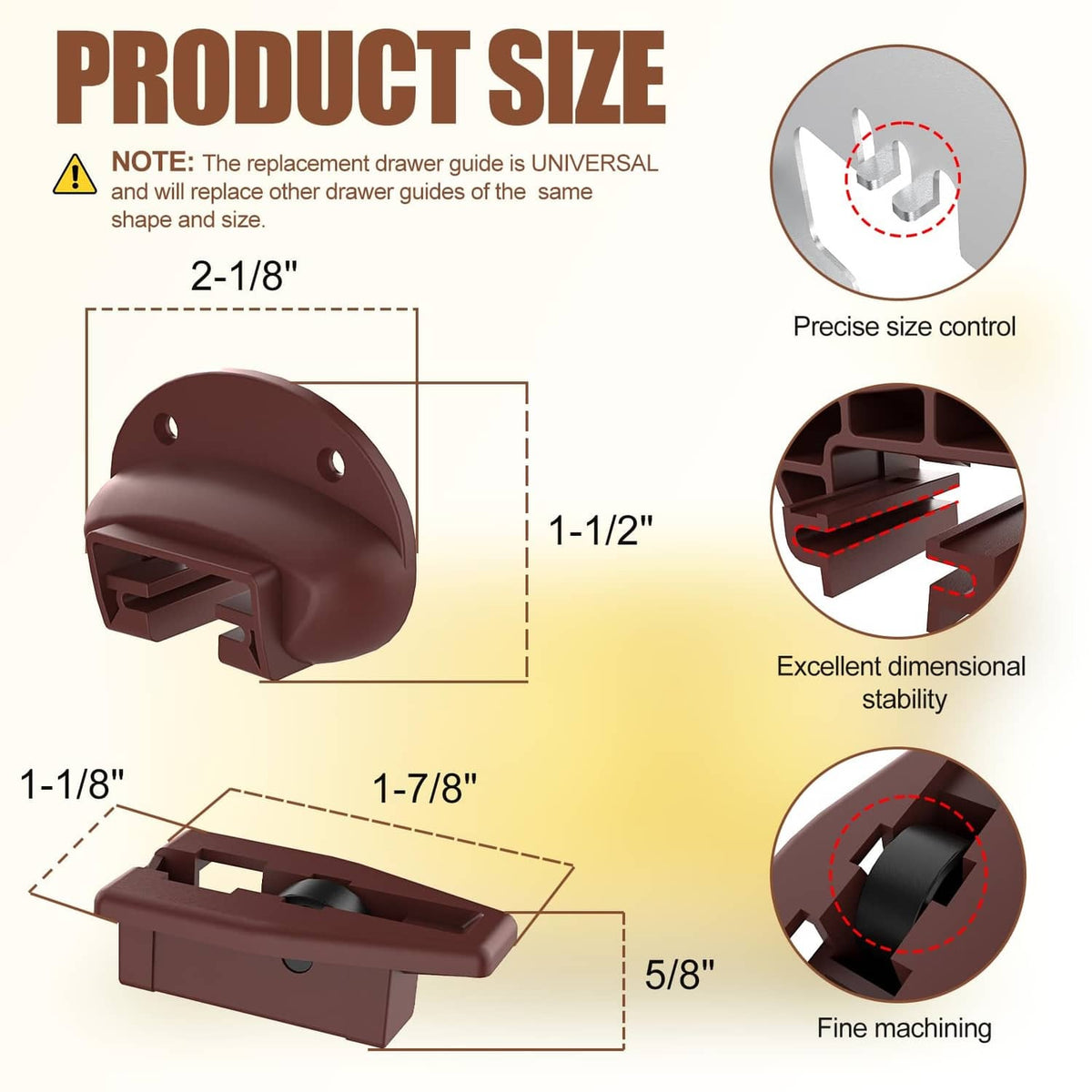 Dark brown oval drawer guide replacement, with size and fit detail for drawer opening