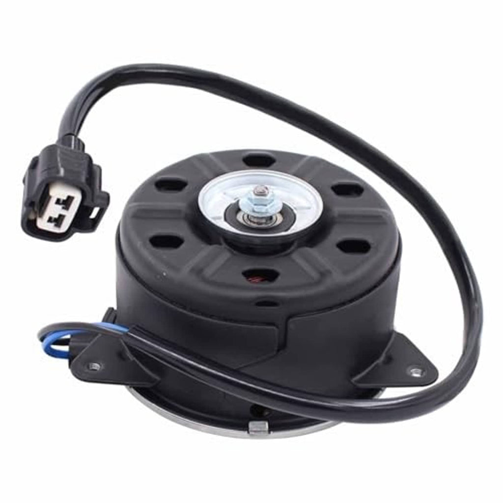 Radiator cooling fan motor, black housing with circular fan plate and wire pigtail