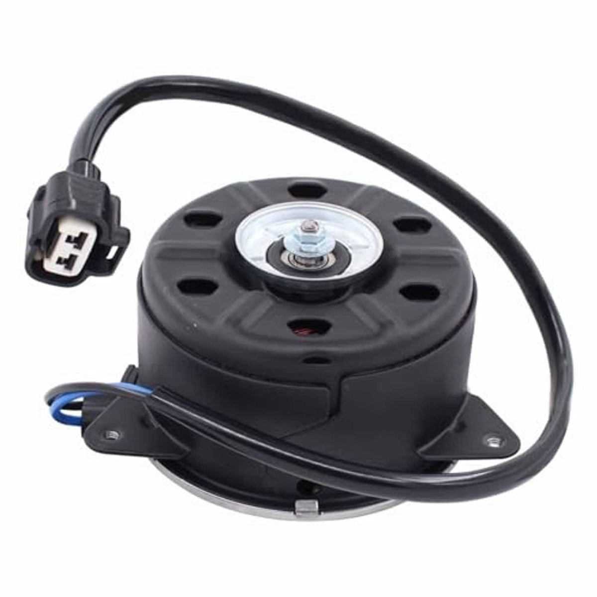 Radiator cooling fan motor, black housing with circular fan plate and wire pigtail