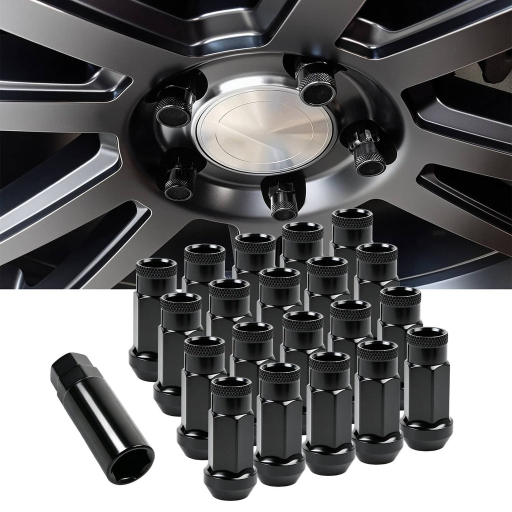 Black extended wheel lug nuts arranged around a wheel hub with open-end sockets