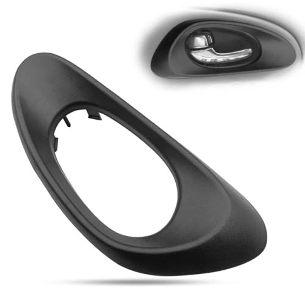 Left front interior door handle trim bezel cover, matte dark gray/black with mounting cutout