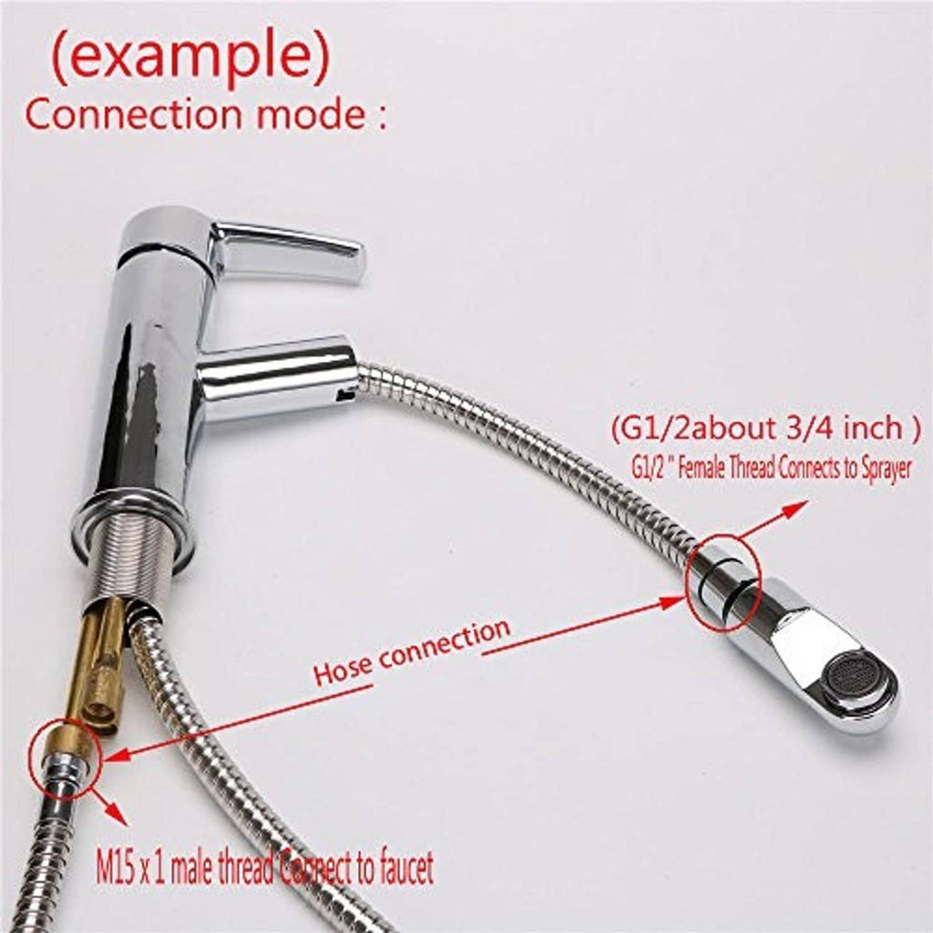 Braided faucet hose with connection fittings and threaded ends for sink faucet installation.