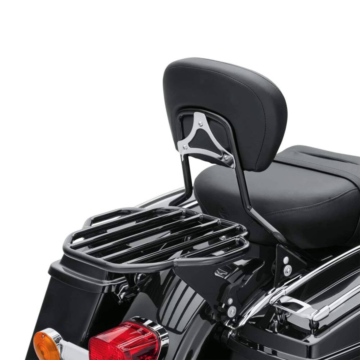 Black motorcycle backrest pad with chrome metal luggage rack over rear seat