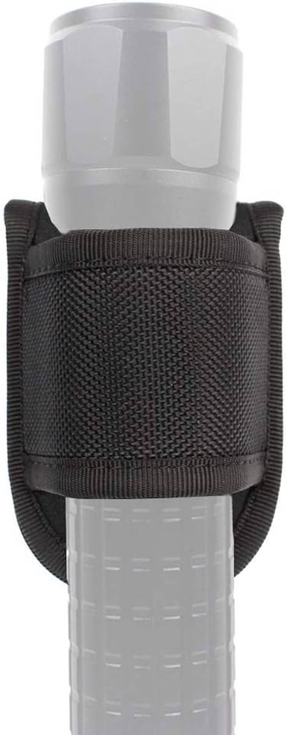 Open-top compact flashlight pouch with belt loops, black textured fabric cover