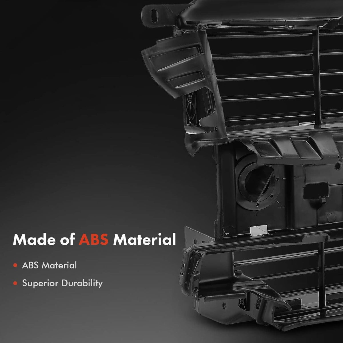 Black ABS active grille shutter motor housing with vented grille opening