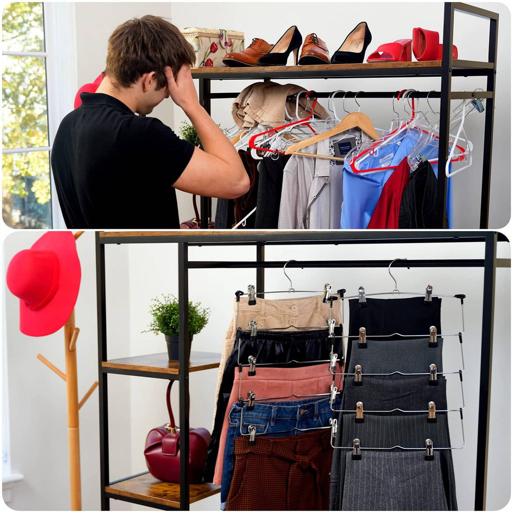Deilsy 5-tier skirt hanger with clips holding neatly folded pants and skirts
