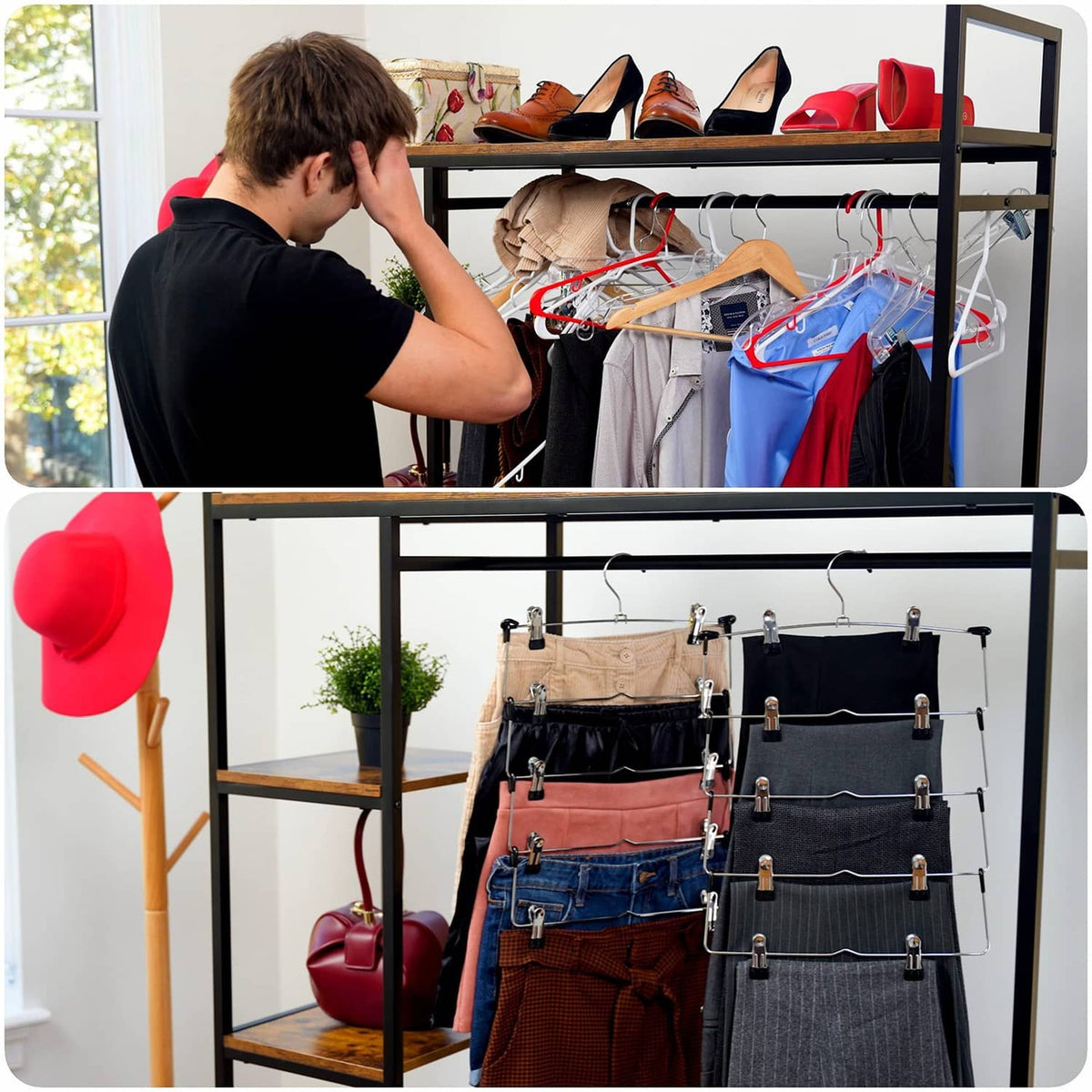 Deilsy 5-tier skirt hanger with clips holding neatly folded pants and skirts