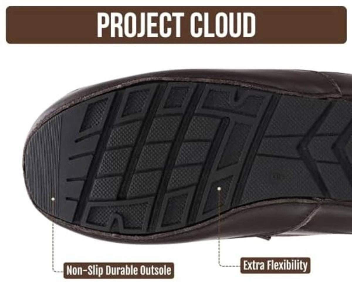 Men's dark brown leather slip-on house shoes with textured non-slip outsole