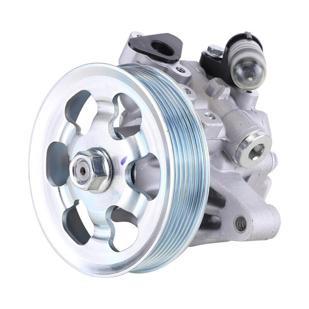 Power steering pump with front pulley wheel and metal body, including mounting ear bracket