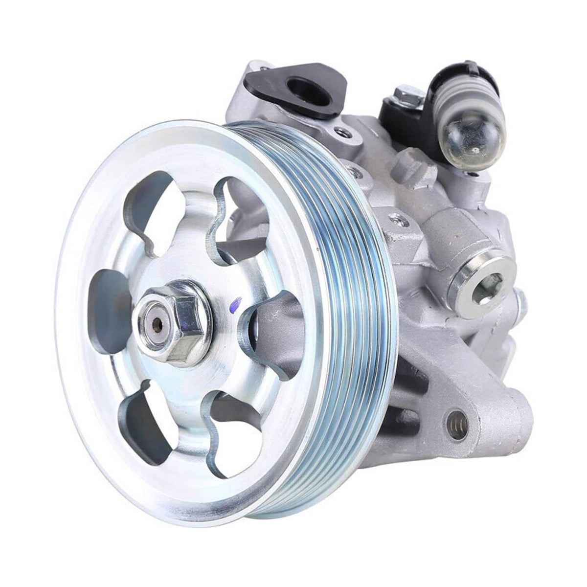 Power steering pump with front pulley wheel and metal body, including mounting ear bracket