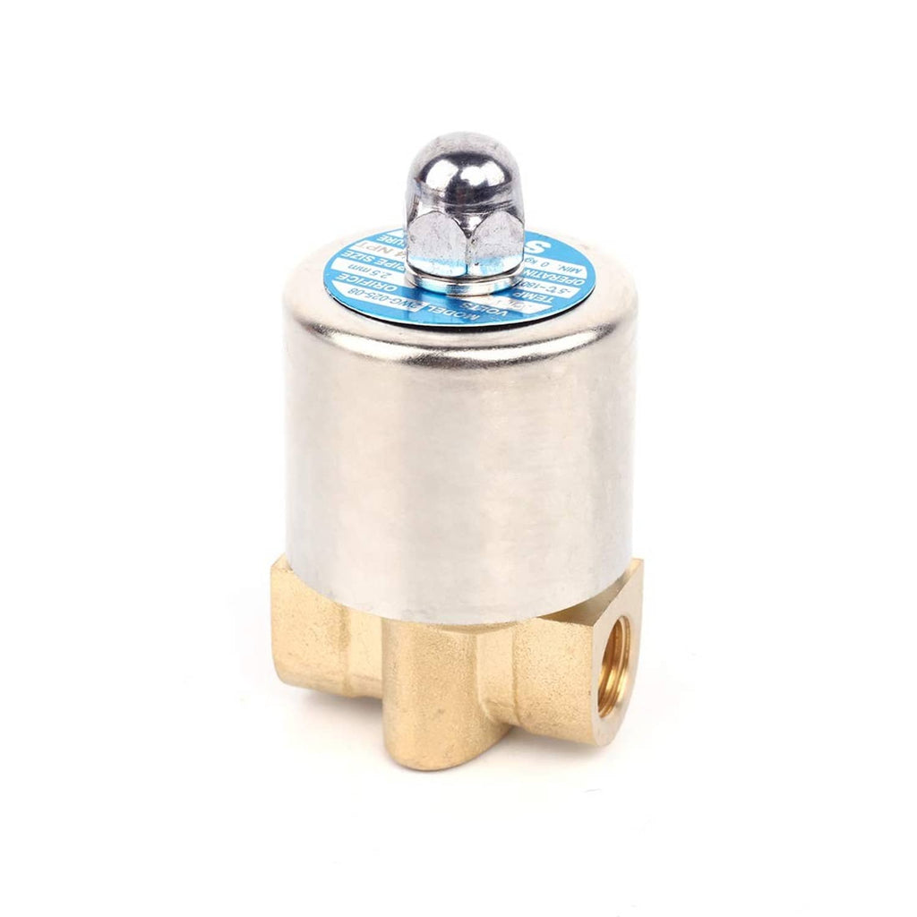 Brass 1/4" NPT solenoid valve, angled view, blue top label visible