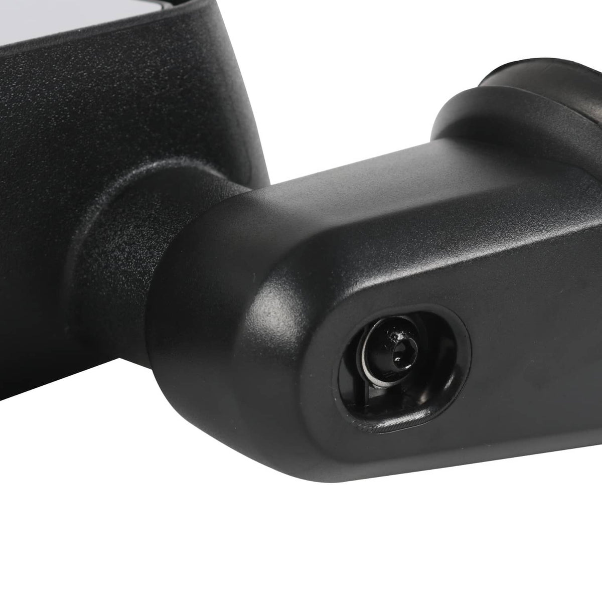 Black mirror arm end with round camera-like opening and textured housing