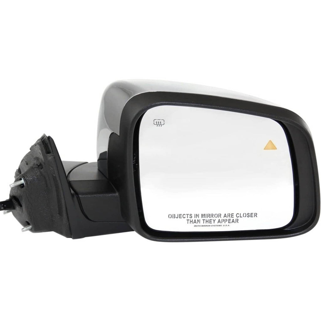 Passenger-side blind spot mirror lens with triangle warning icon and text