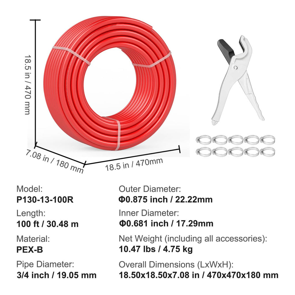 Red PEX-B tubing roll with included pipe cutter and metal hose clamps