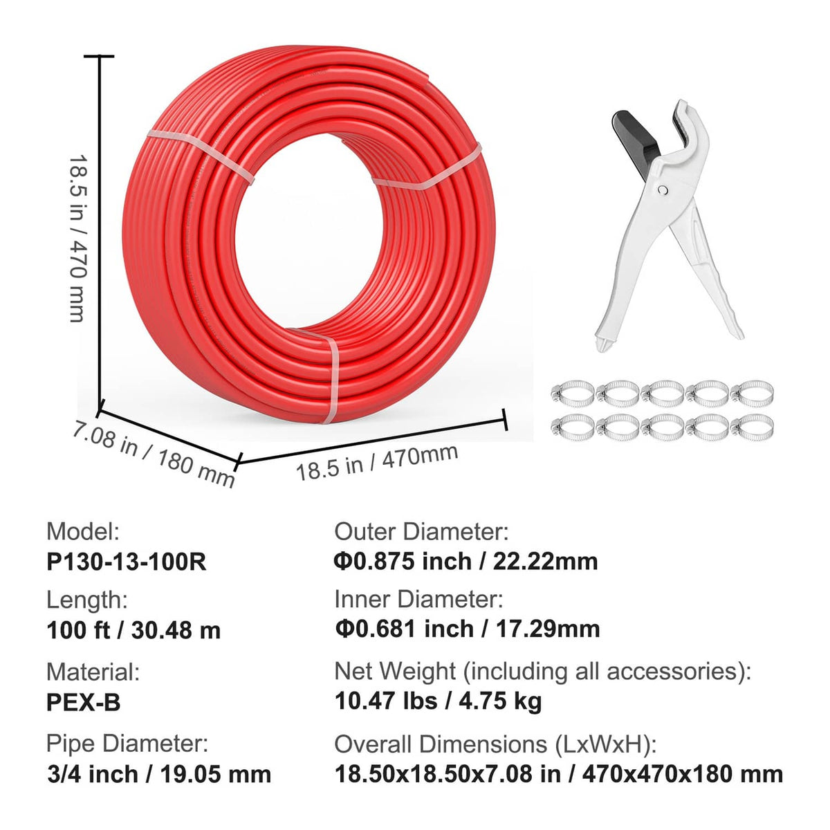 Red PEX-B tubing roll with included pipe cutter and metal hose clamps