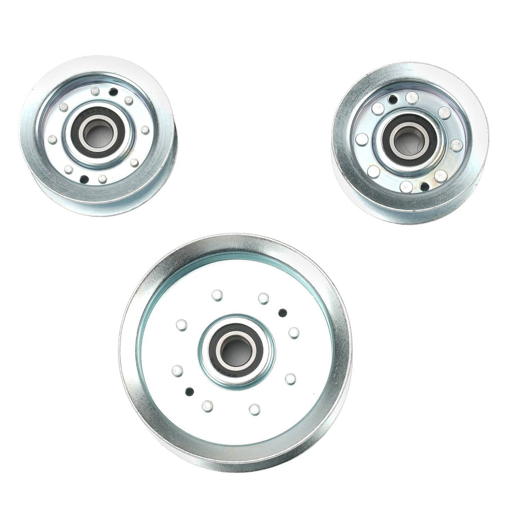 Set of mower deck pulleys, each with center bearing and bolt holes
