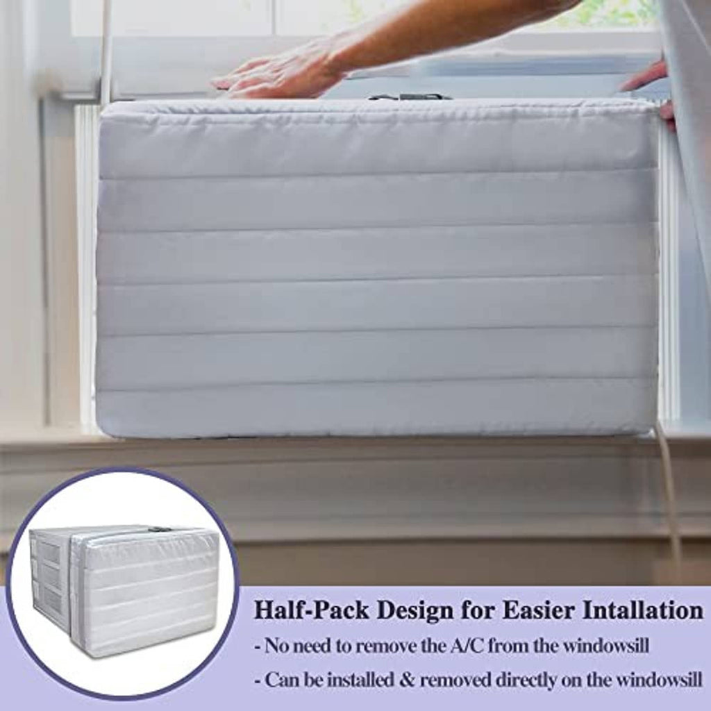 Padded window AC cover on window sill, white fabric with top opening and straps