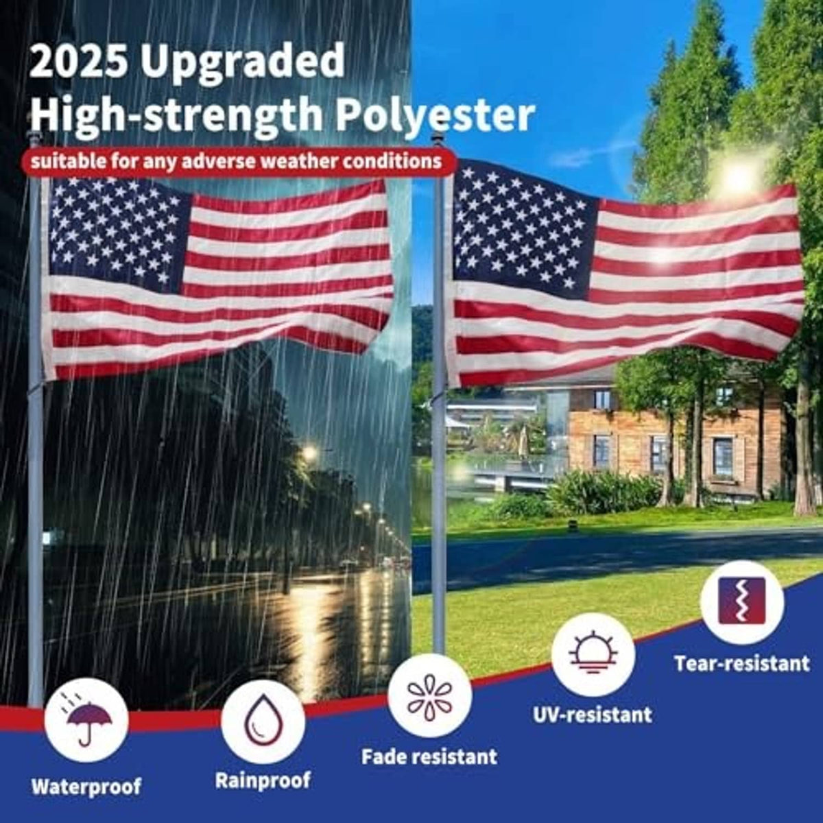 Outdoor American flag set with embroidered stars and red-and-white stripes, hanging outdoors