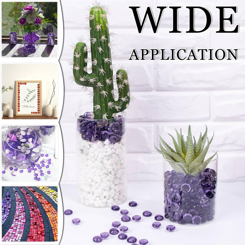 Purple mini glass gems shown in jars for decor and craft projects