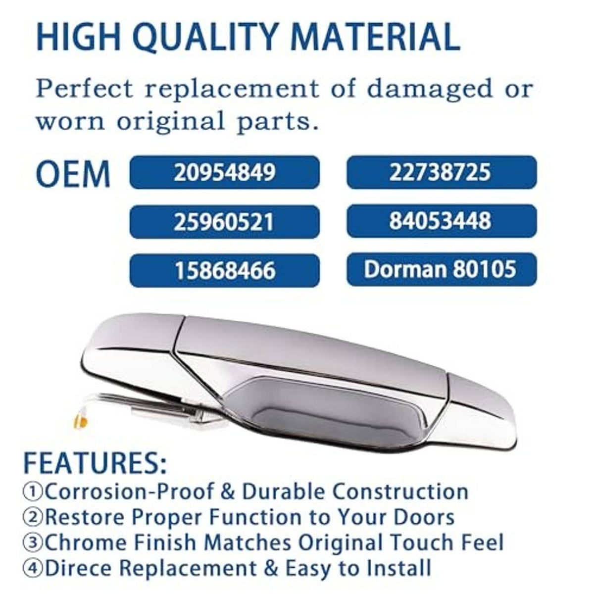 Chrome exterior door handle, replacement style with smooth curved surface
