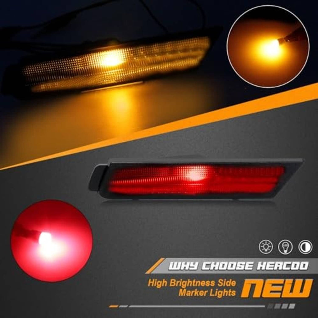 Red illuminated side marker light on smoked lens with amber glow detail