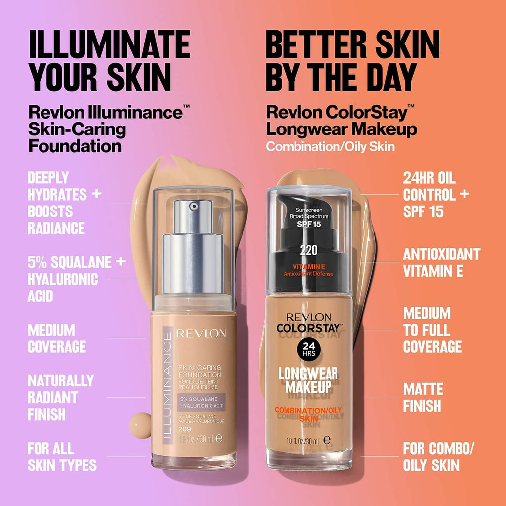 Revlon ColorStay longwear makeup bottle with warm beige liquid on display